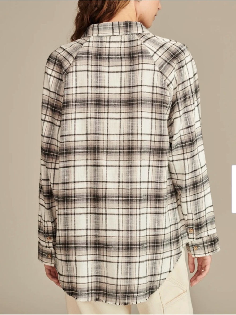 Lucky Brand Black White Pink Plaid Tunic Shirt XL Distressed Hem